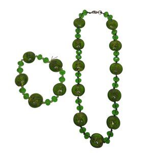 Vintage Green Glass Bead Necklace & Bracelet Set With Gold Accents